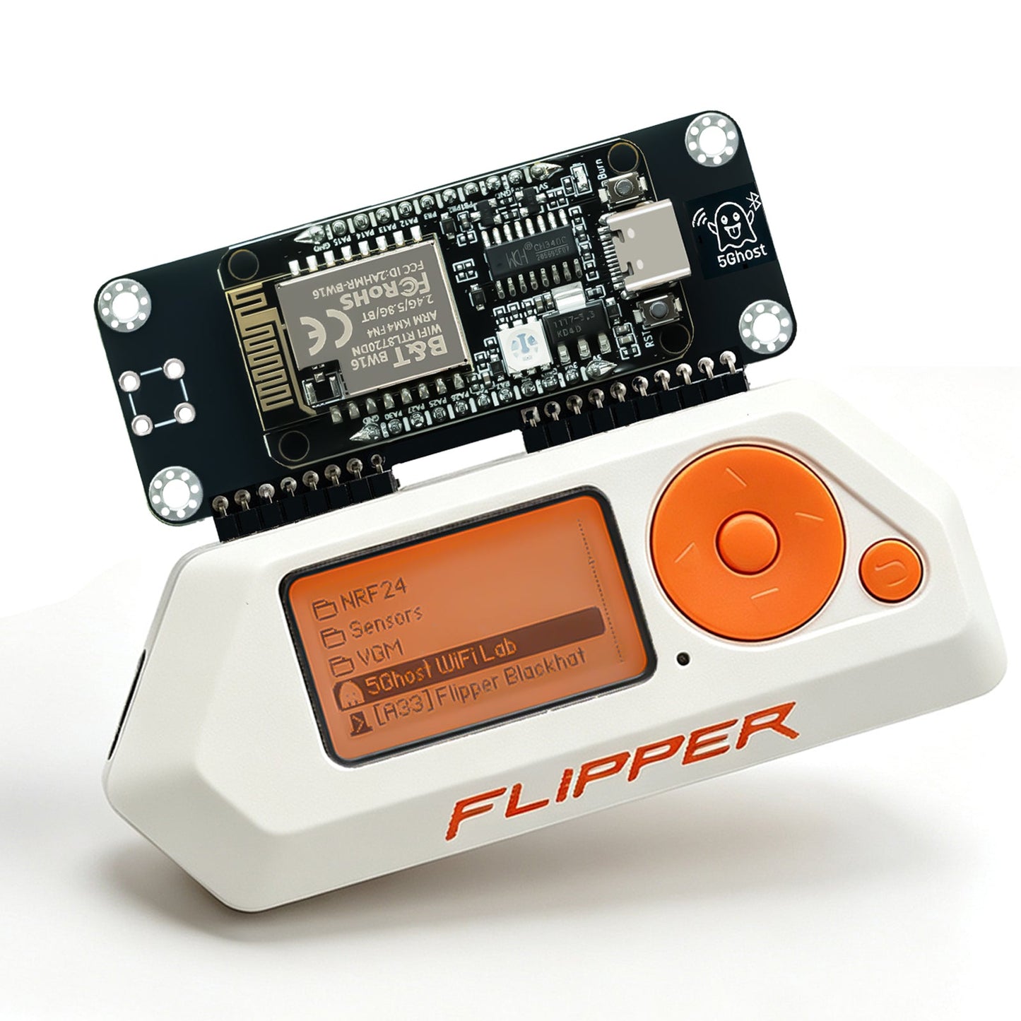 5Ghost on Flipper Zero without SMA antenna; Flipper app list highlighting 5Ghost WiFi Lab