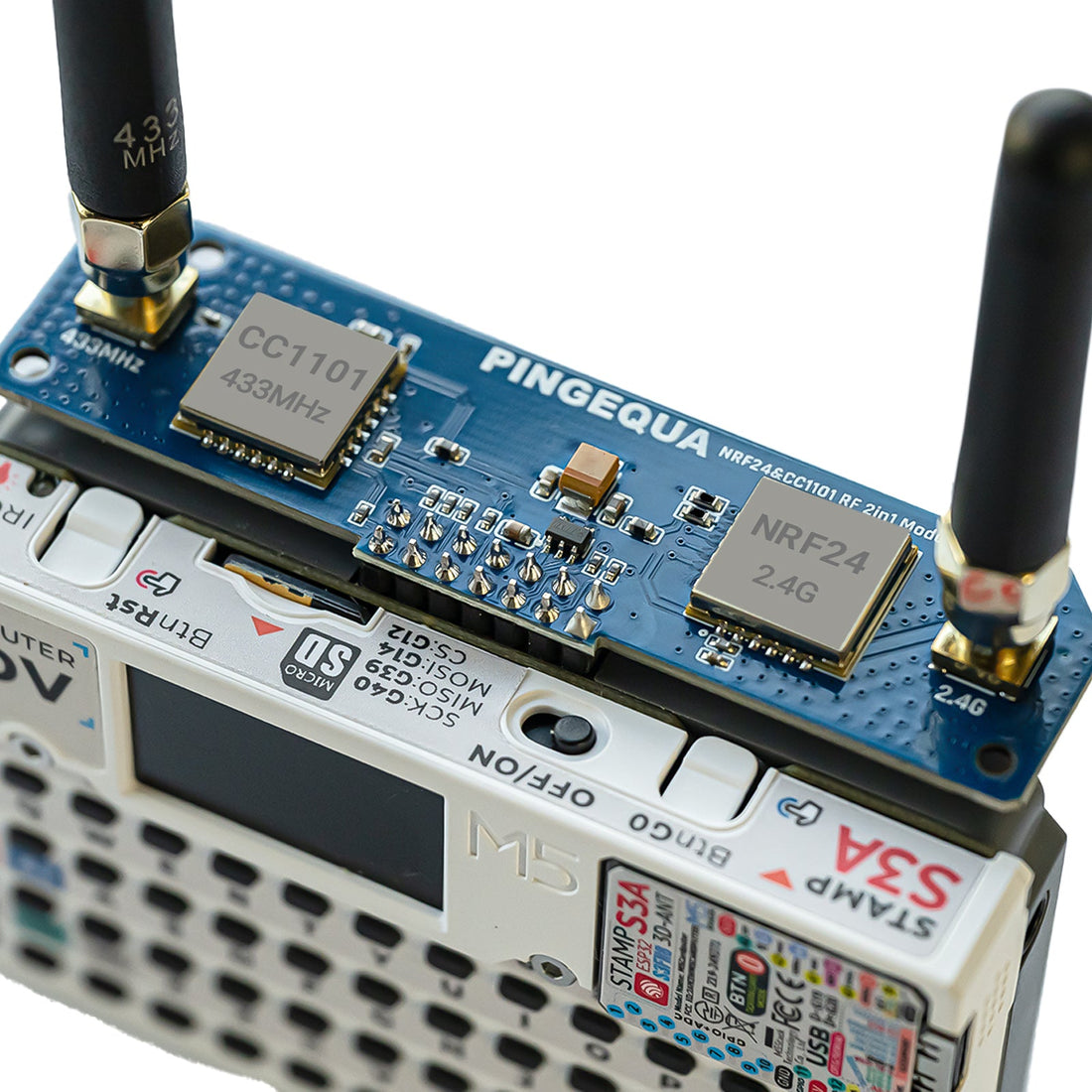 PINGEQUA Hydra RF 424 CC1101 and nRF24 module installed on M5Stack Cardputer ADV for POSEIDON firmware