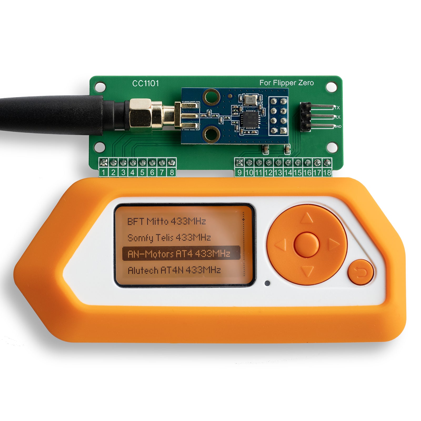 CC1101 433 MHz RF Development Board for Flipper Zero, AS07 M1101D‑SMA Based, 3 dBi SMA Antenna, Universal GPIO Interface, Plug‑and‑Play