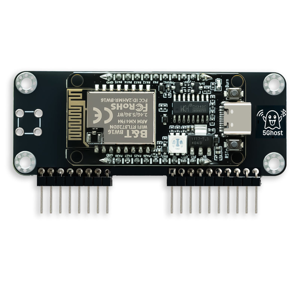Close-up of the BW16 shield, USB-C port and GPIO pins on a 5Ghost board without the SMA pigtail