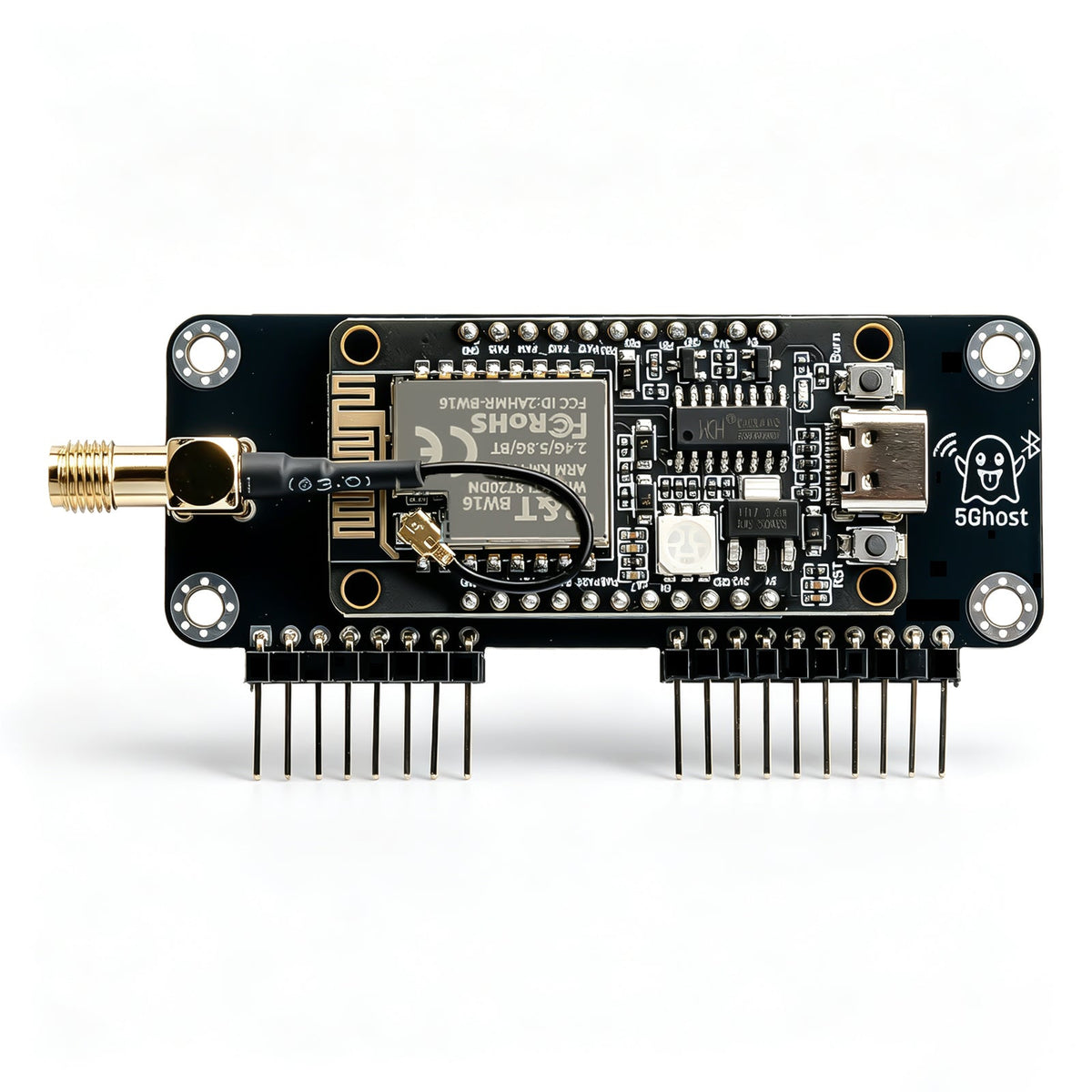 5Ghost PCB top: BW16 module, USB-C, SMA pigtail and two rows of GPIO pins