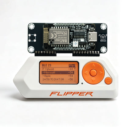 5Ghost on Flipper Zero without SMA antenna; BLE 23 device list on screen