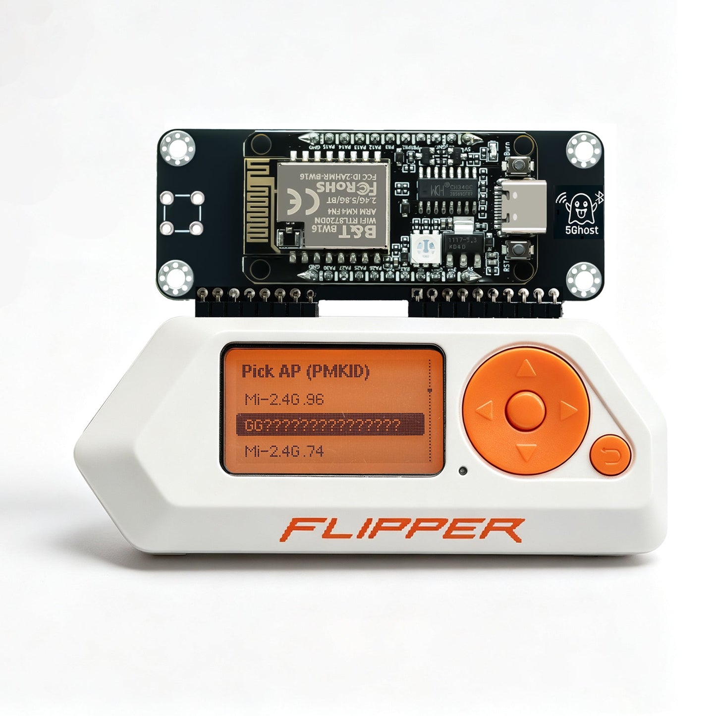 5Ghost on Flipper Zero without SMA antenna; Pick AP PMKID list on the orange screen