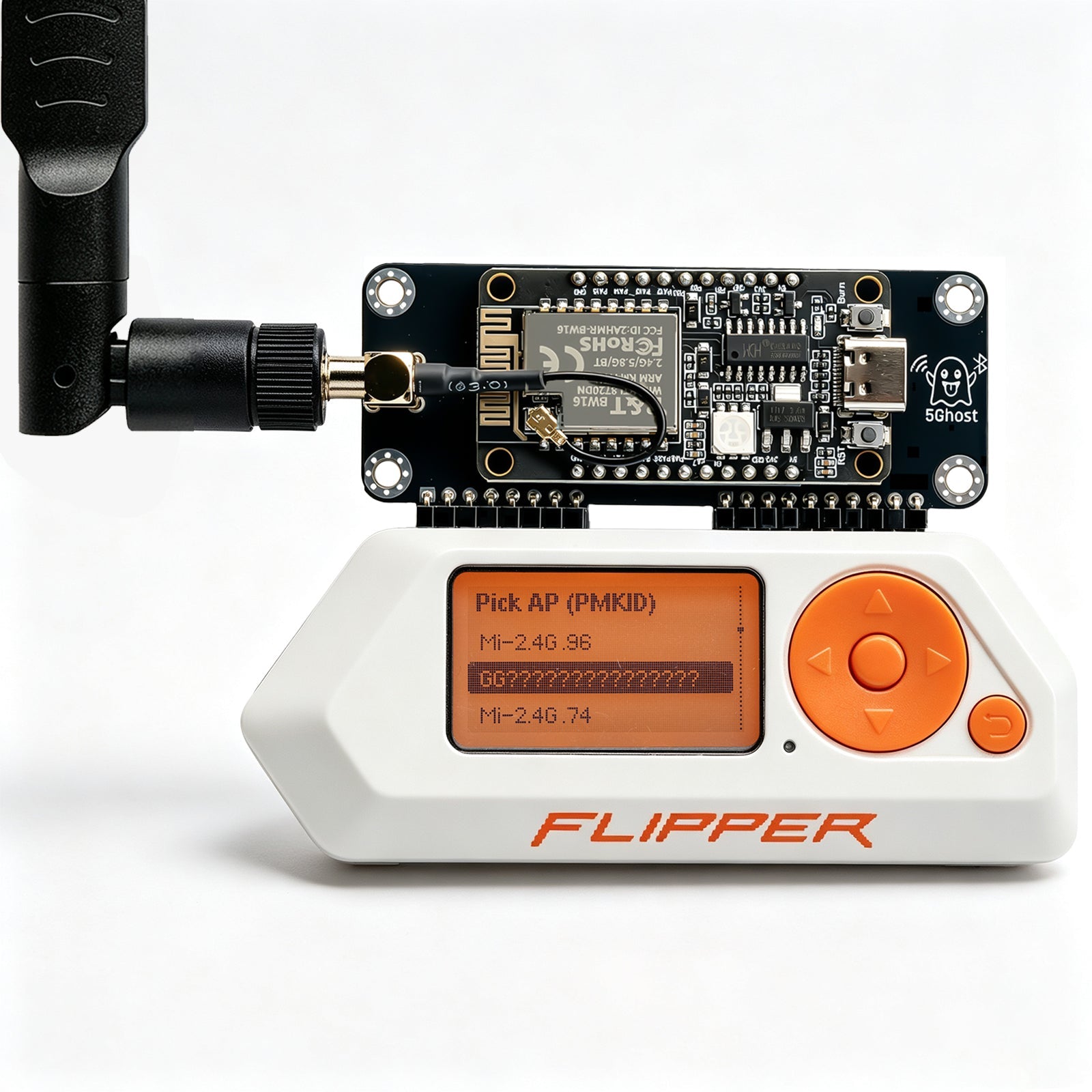 5Ghost on Flipper Zero with SMA antenna; screen showing a Pick AP PMKID target list