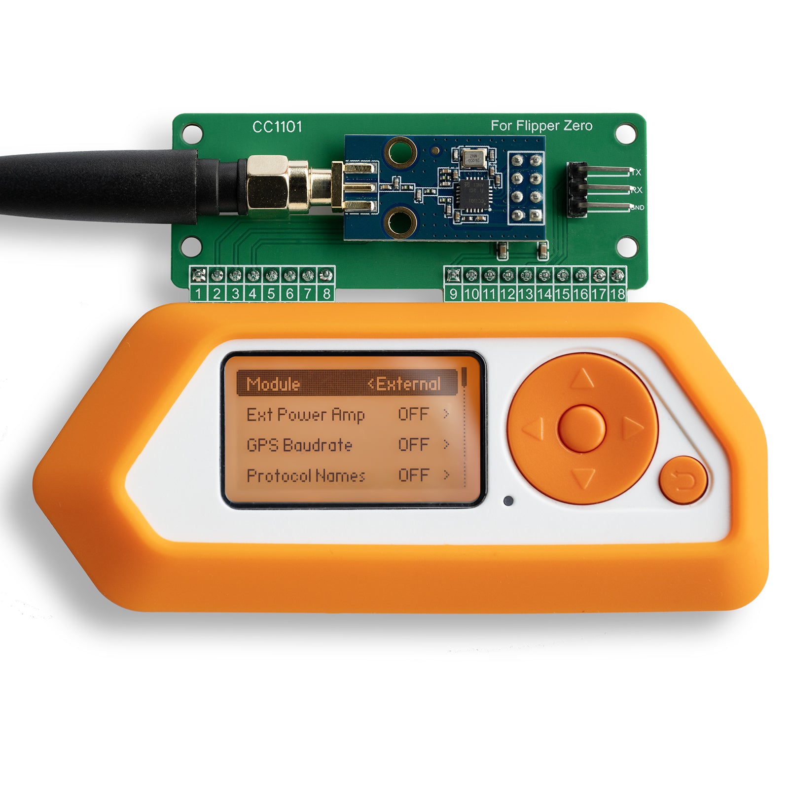 CC1101 433 MHz RF Development Board for Flipper Zero, AS07 M1101D‑SMA Based, 3 dBi SMA Antenna, Universal GPIO Interface, Plug‑and‑Play