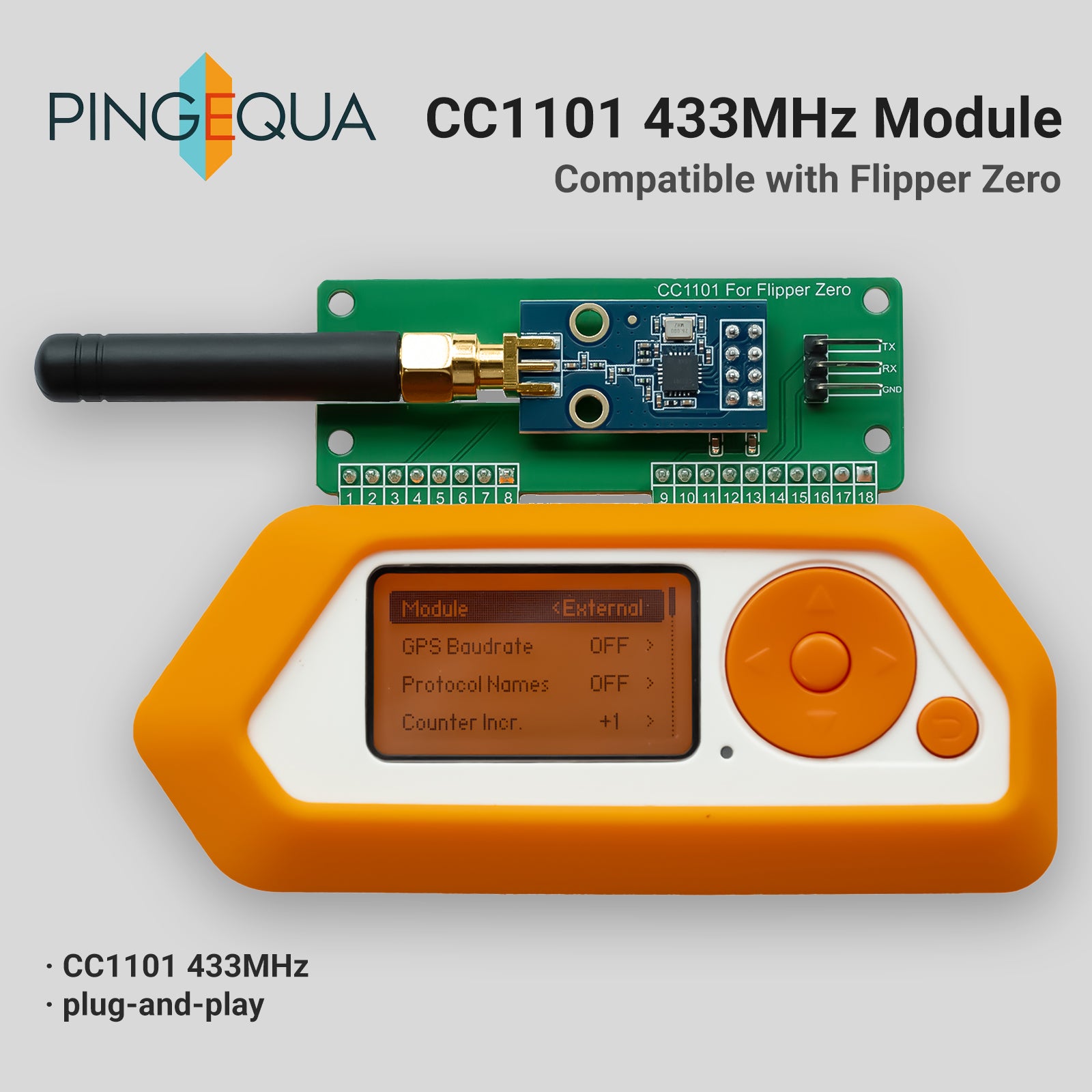 CC1101 433 MHz RF Development Board for Flipper Zero, AS07 M1101D‑SMA Based, 3 dBi SMA Antenna, Universal GPIO Interface, Plug‑and‑Play
