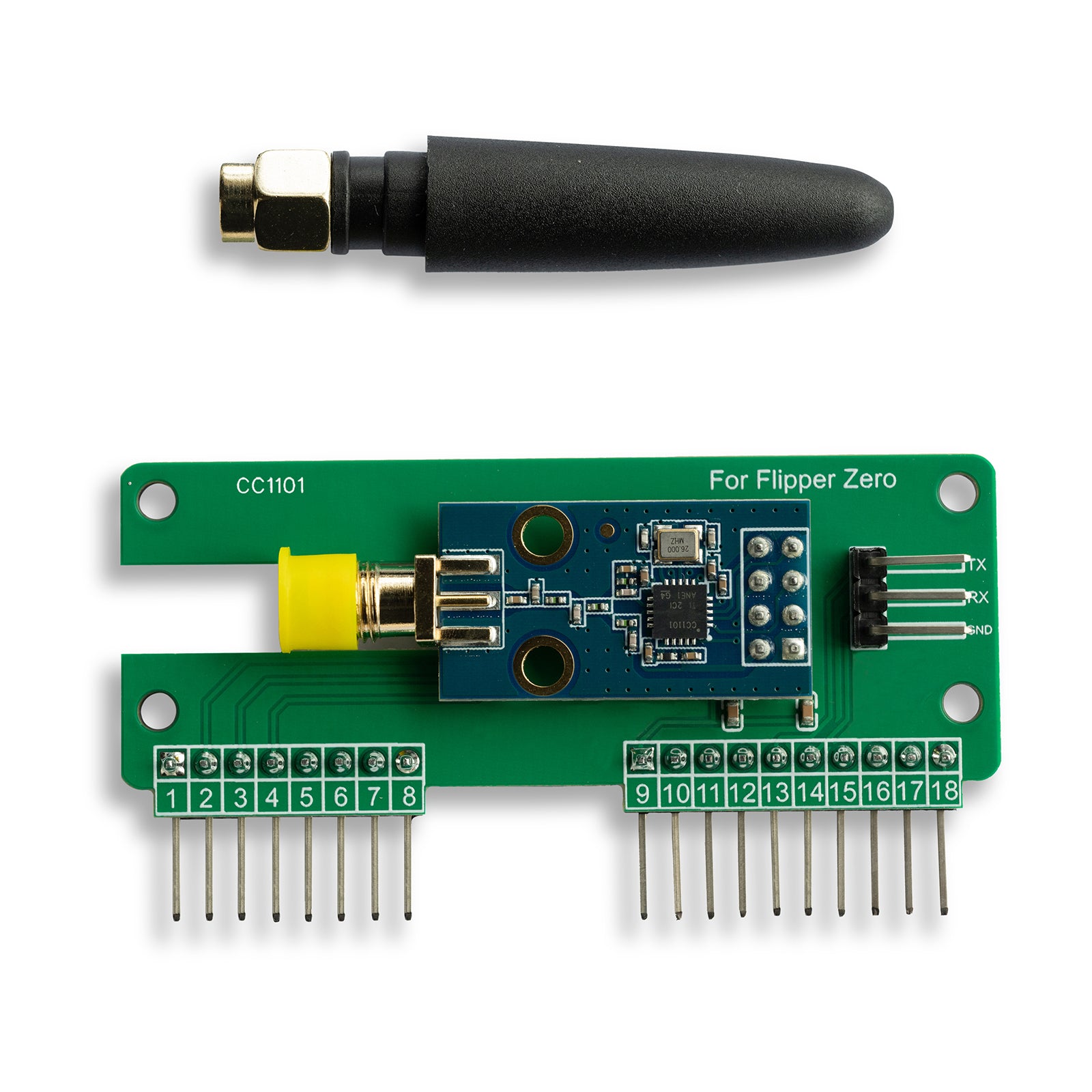 CC1101 433 MHz RF Development Board for Flipper Zero, AS07 M1101D‑SMA Based, 3 dBi SMA Antenna, Universal GPIO Interface, Plug‑and‑Play