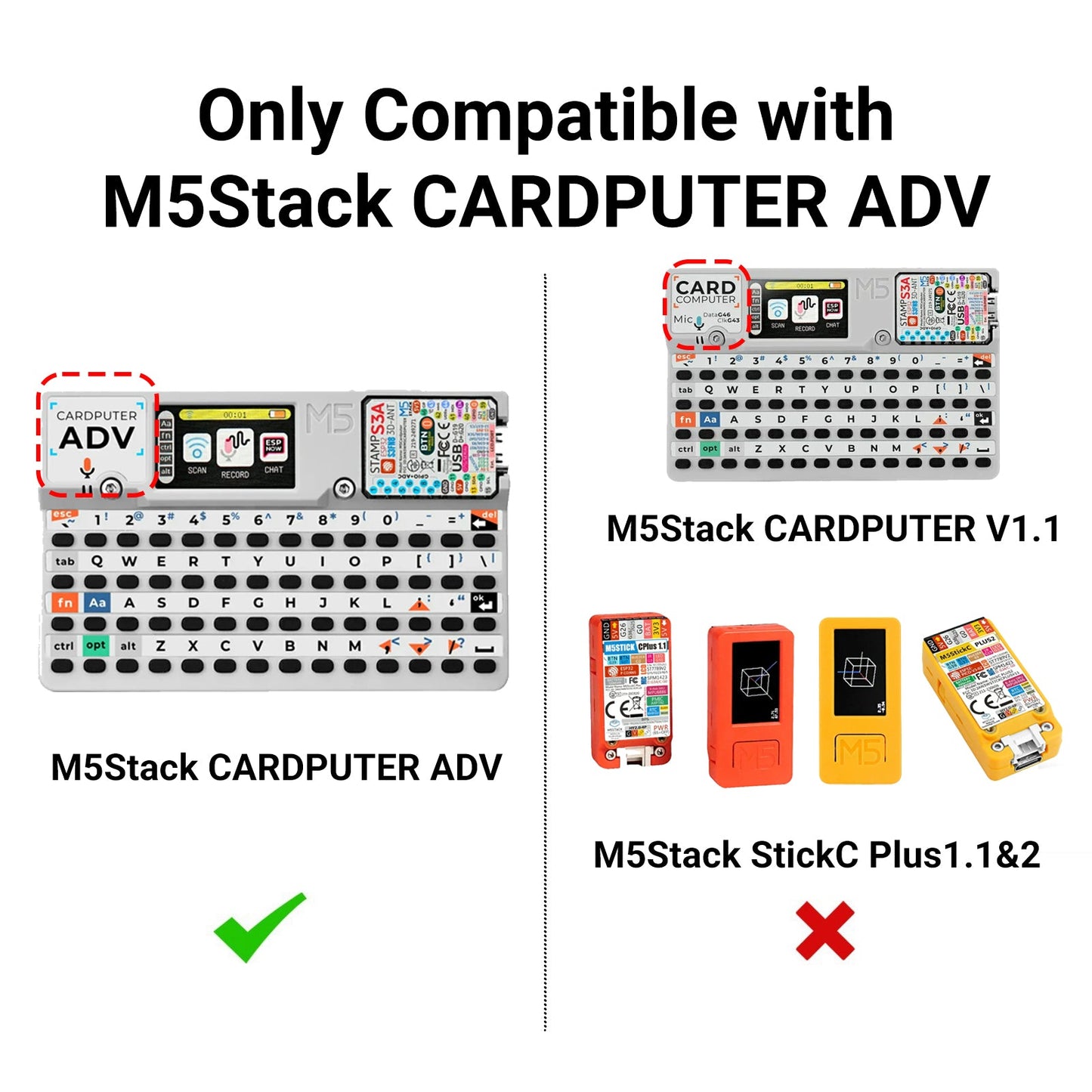 Compatibility graphic: Cardputer ADV checked, Cardputer v1.1 and StickC Plus marked incompatible