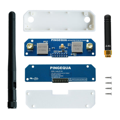Exploded kit: whip and 2.4G antennas, blue PCB, backplate, white case shells and screws