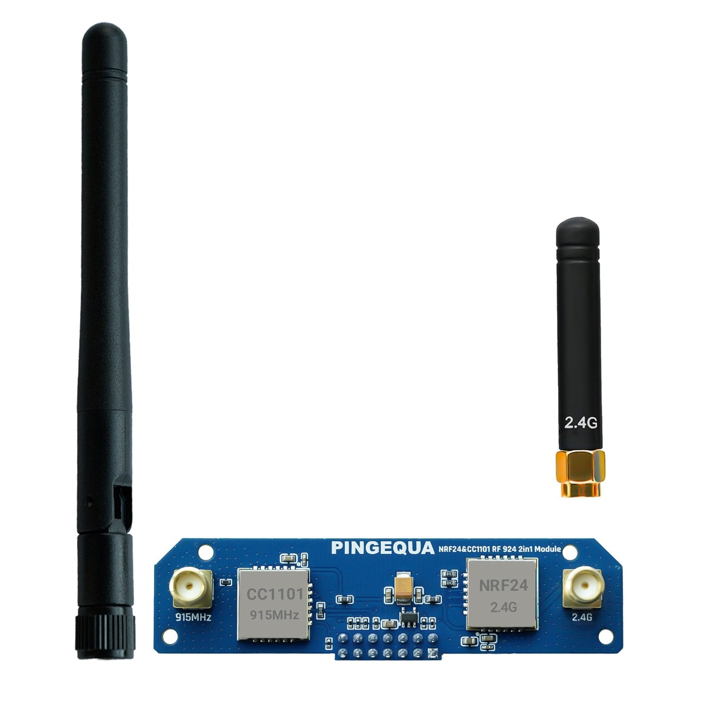 Hydra PCB with a tall SMA whip and a short 2.4 GHz stub antenna beside it