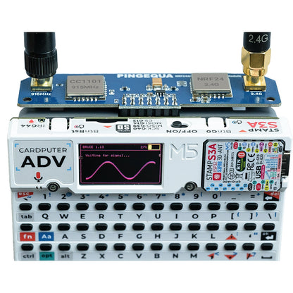 Hydra board on Cardputer ADV with both antennas; sine-wave plot on the ADV screen
