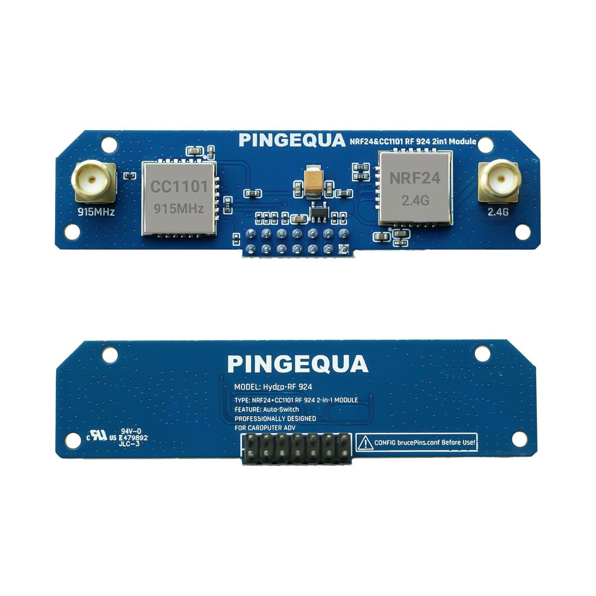 Front and back of a Hydra PCB: RF cans on top, pogo connector on the backplate