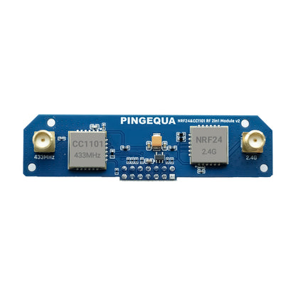 424 PCB top: CC1101 433 MHz can, nRF24 2.4 GHz can and two SMA pads
