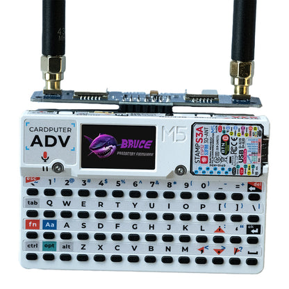 424 on Cardputer ADV with both antennas; Bruce firmware splash on the screen