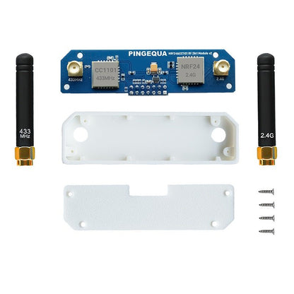 424 kit laid out: 433 MHz whip, blue PCB, white case halves, 2.4 GHz stub antenna and screws