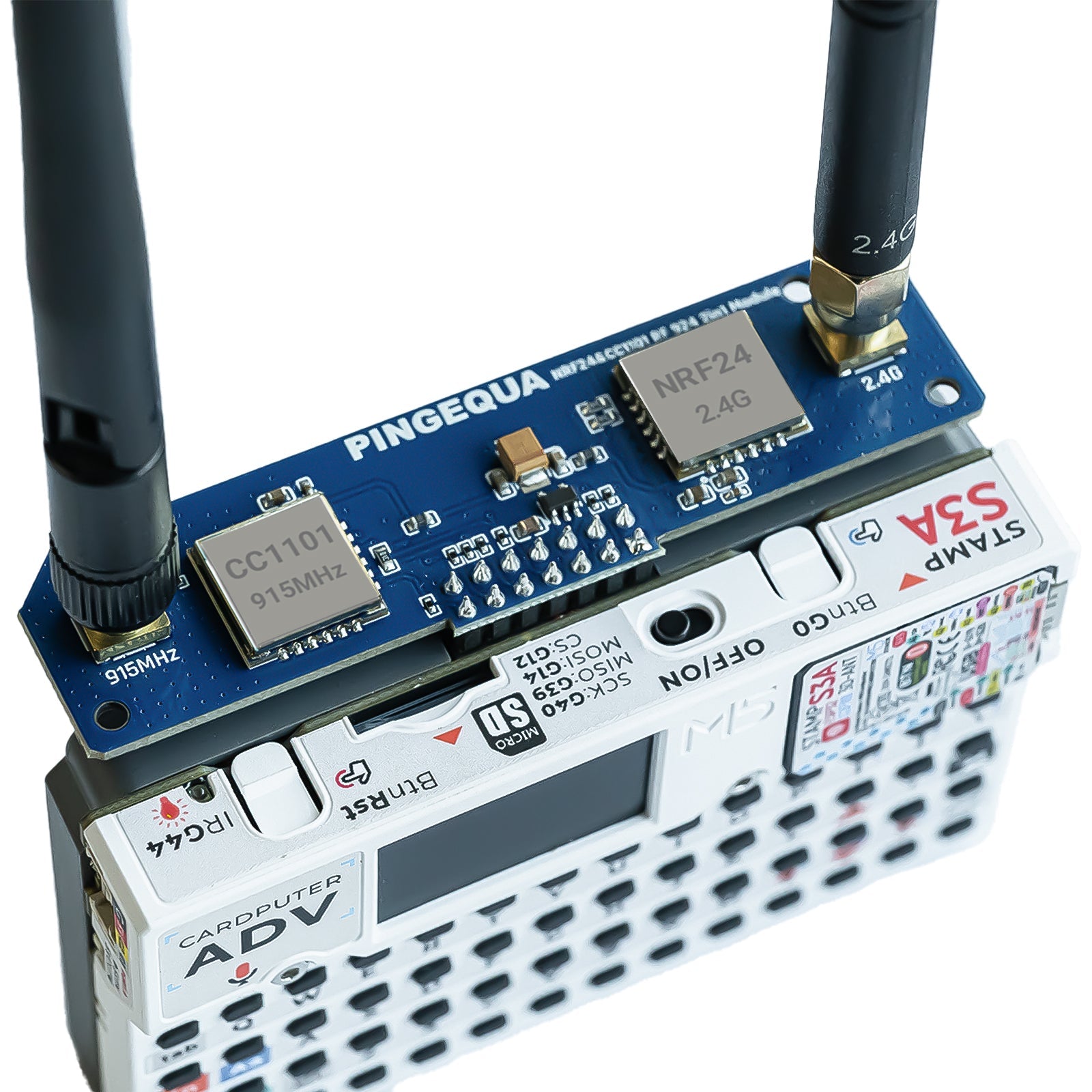 Hydra RF 924 cap on Cardputer ADV with 915 MHz and 2.4 GHz antennas, CC1101 915 MHz can visible