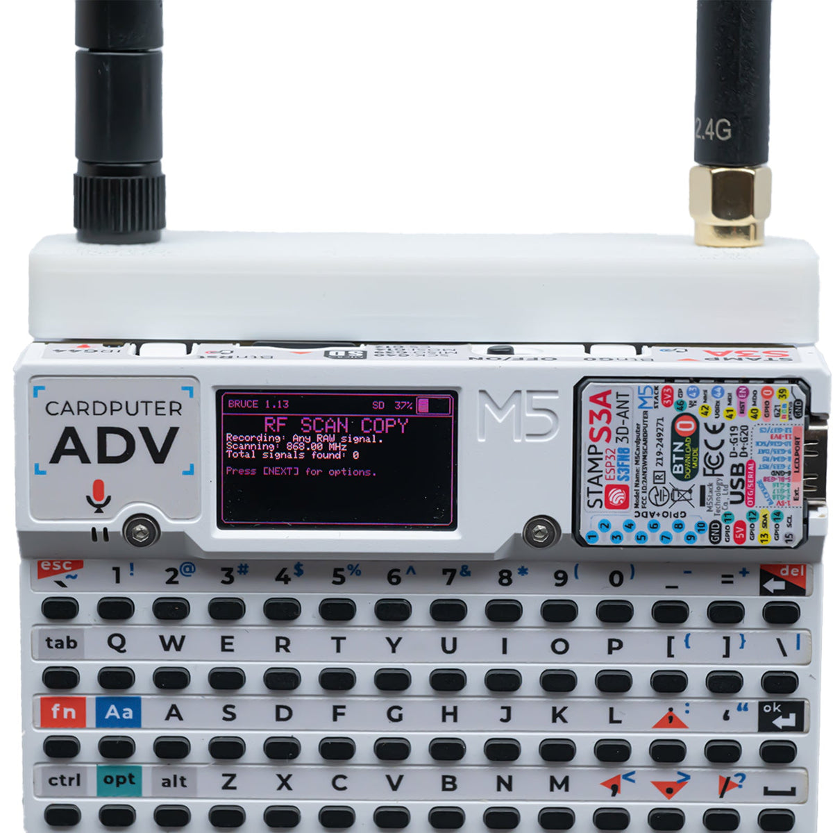White Hydra case on Cardputer ADV; RF SCAN COPY on the Bruce screen