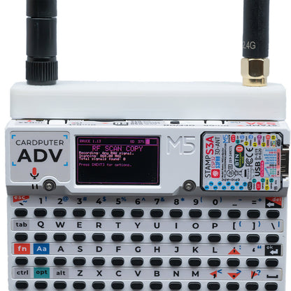 White Hydra case on Cardputer ADV; RF SCAN COPY on the Bruce screen