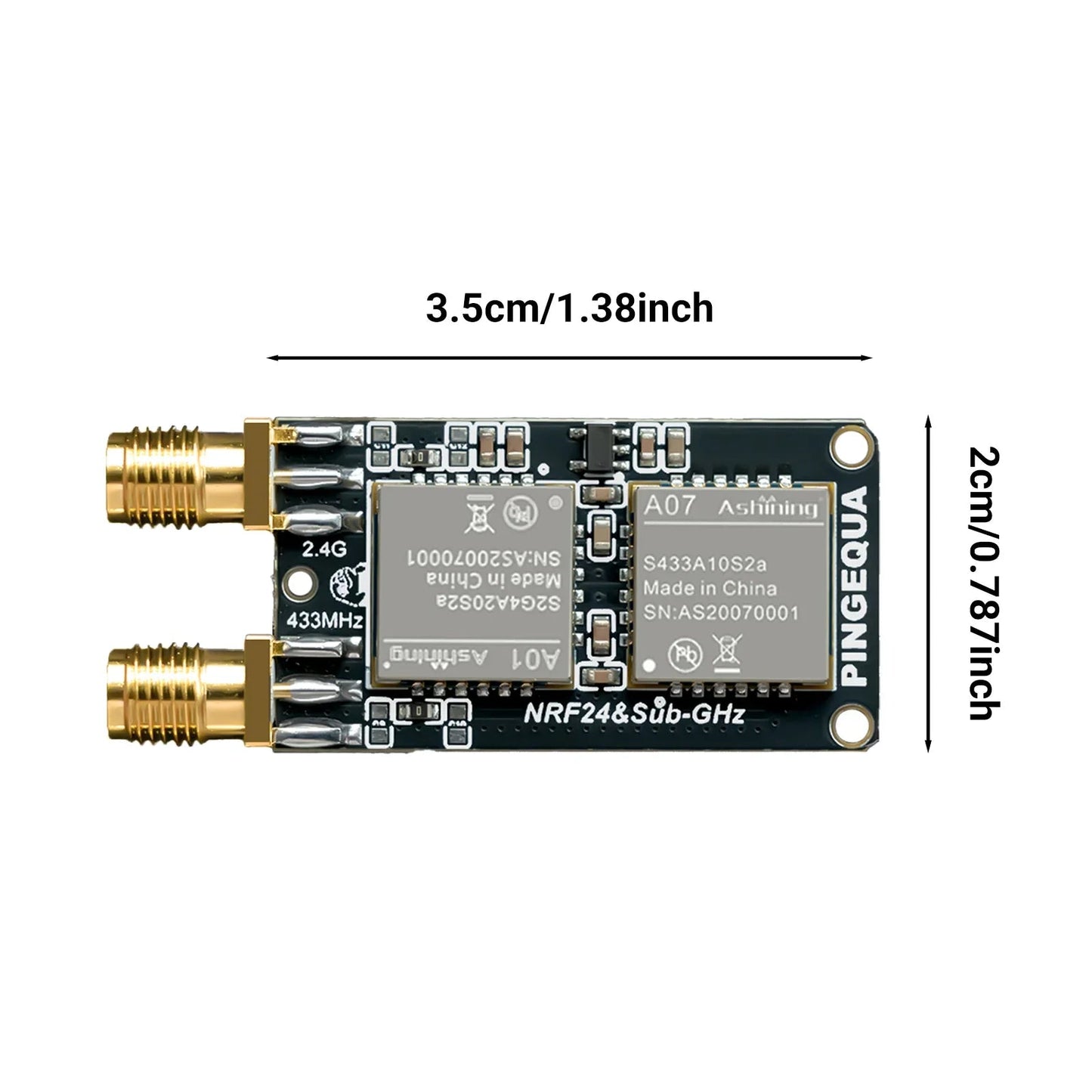 2-in-1 PCB top with dual SMA jacks and a 3.5 cm by 2 cm size overlay
