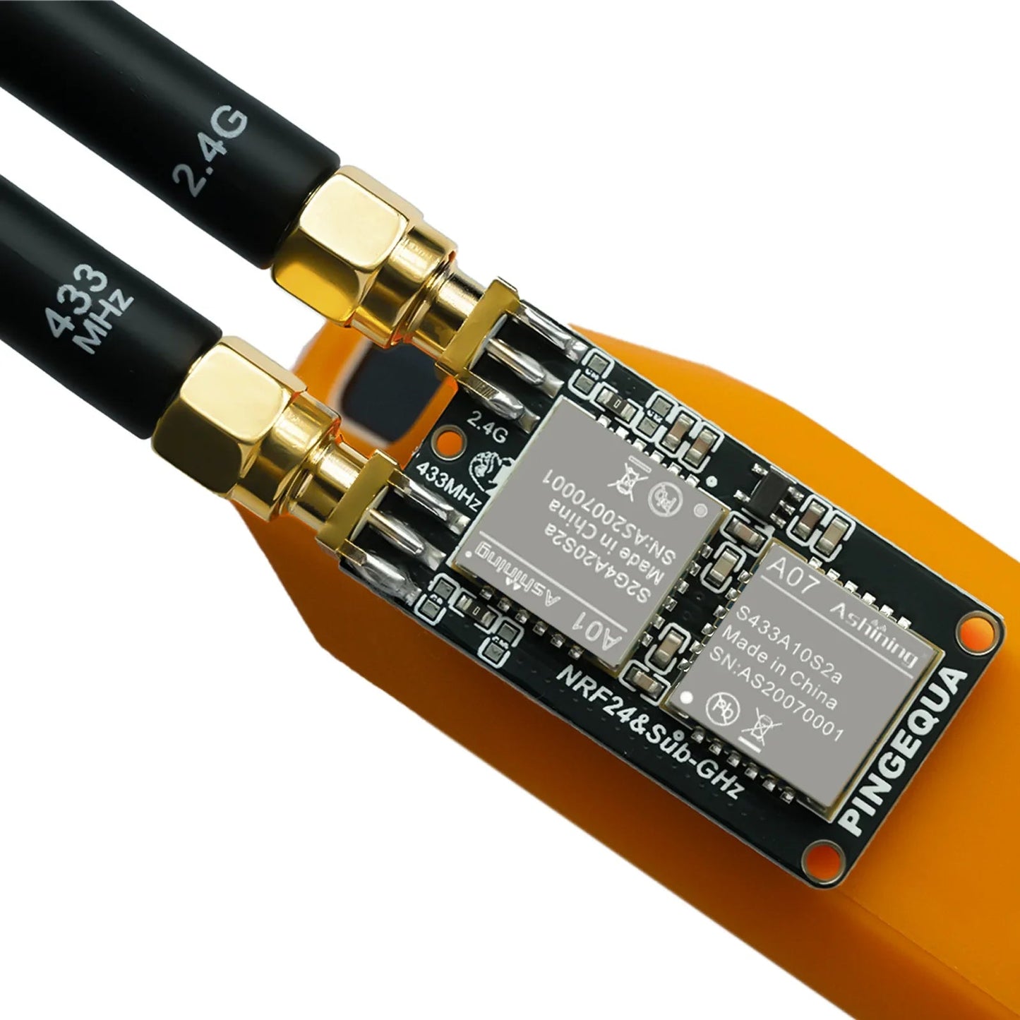 Top-down close-up of 2.4G and 433 MHz SMA connectors and the two RF shield cans