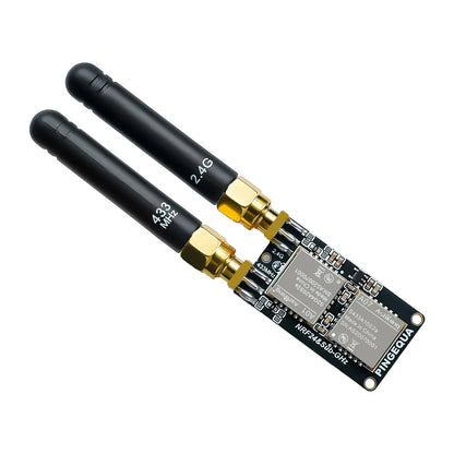 2-in-1 board with labeled 2.4G and 433 MHz antennas attached, chips facing up