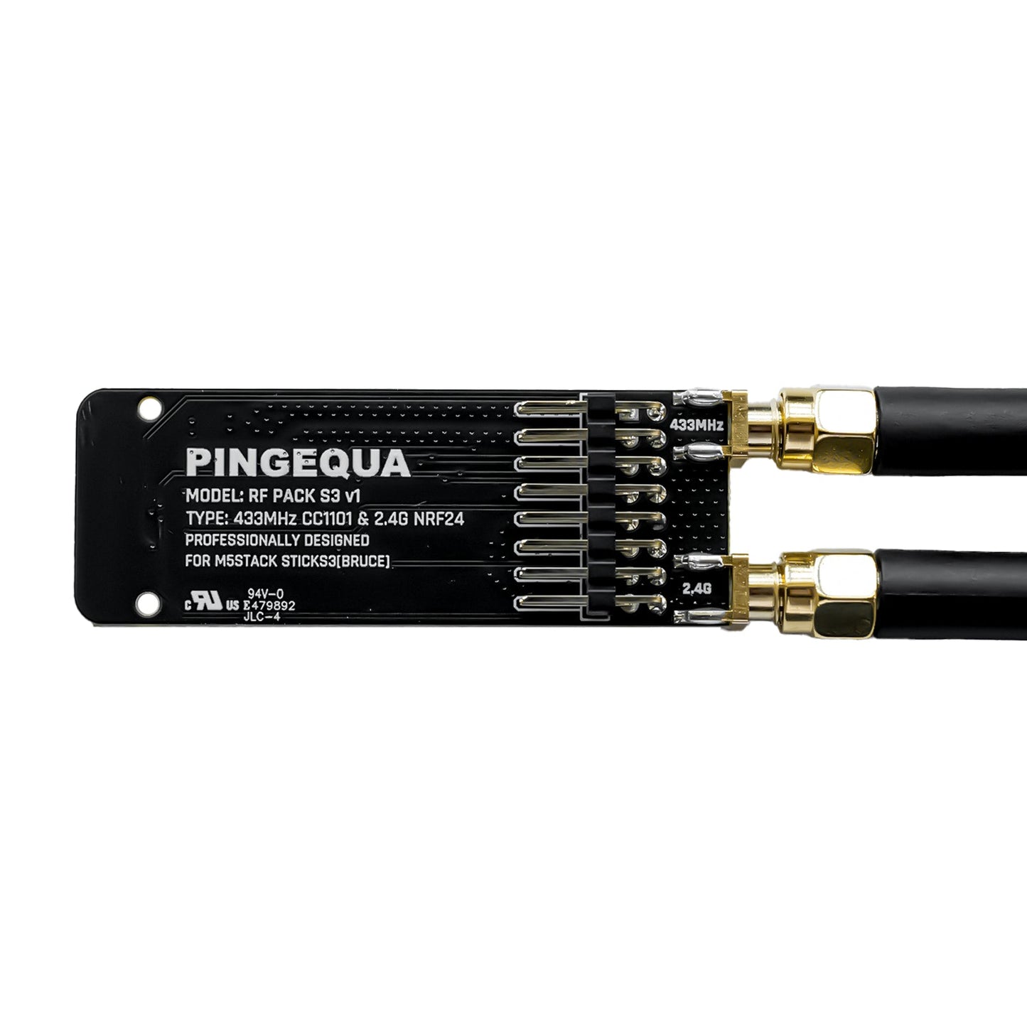 RF Pack S3 PCB back: pogo-pin row, SMA jacks and RF PACK S3 v1 text