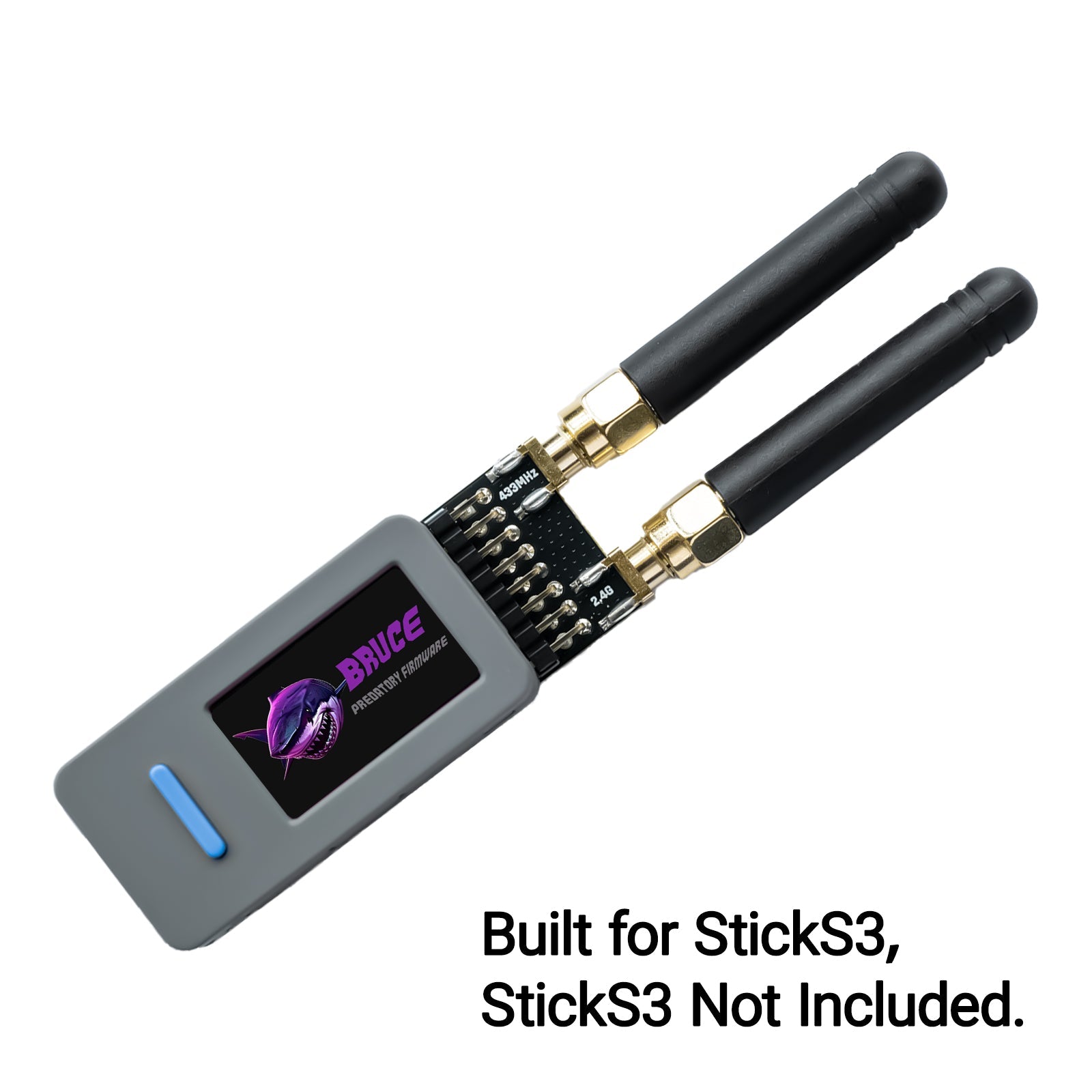 RF Pack S3 plugged into a StickS3 running the Bruce splash; host not included