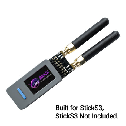 RF Pack S3 plugged into a StickS3 running the Bruce splash; host not included