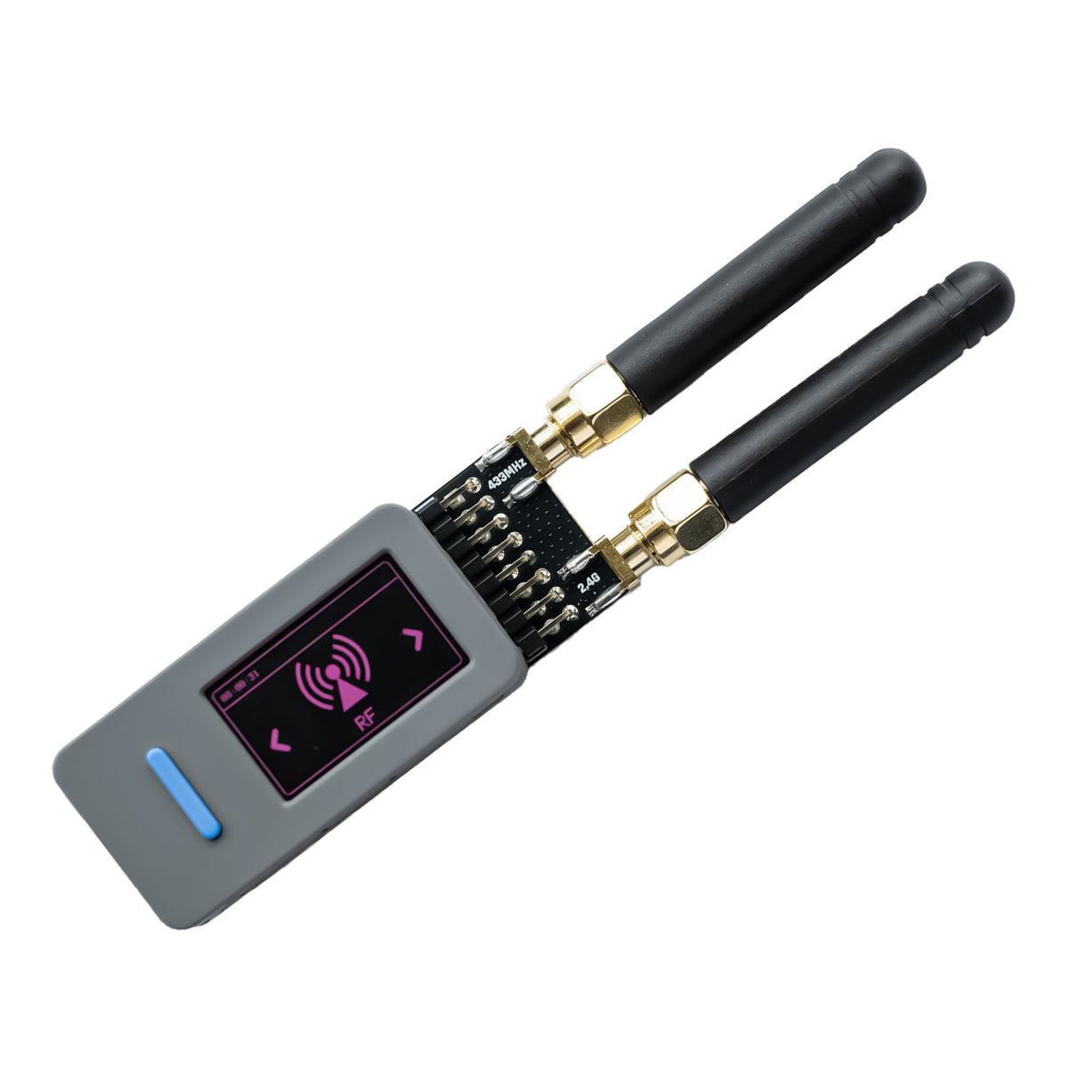 RF Pack S3 on StickS3 with dual antennas and an RF icon on the grey display