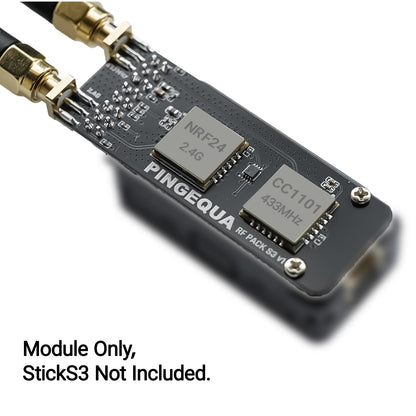 Close-up of NRF24 2.4 GHz and CC1101 433 MHz cans on an RF Pack S3 board