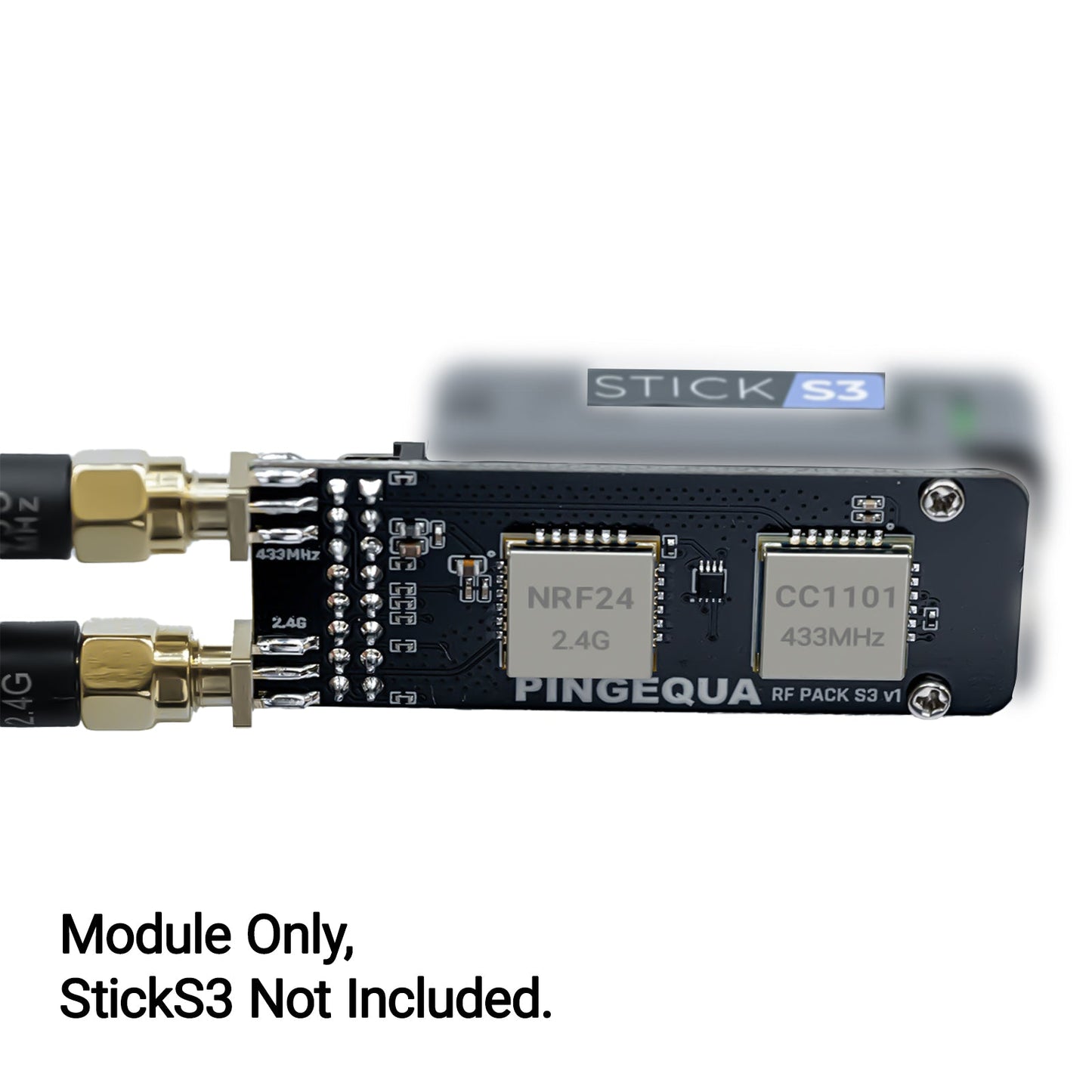 Chip close-up of RF Pack S3 with a StickS3 in the background; module only