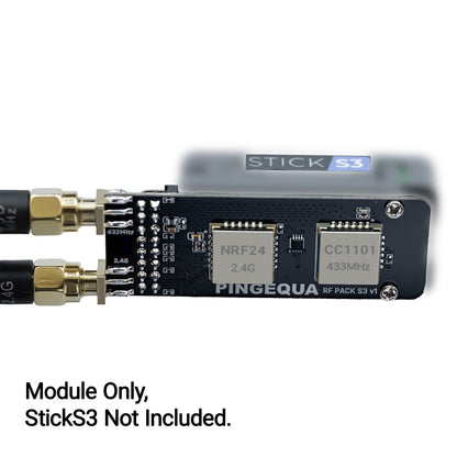 Chip close-up of RF Pack S3 with a StickS3 in the background; module only