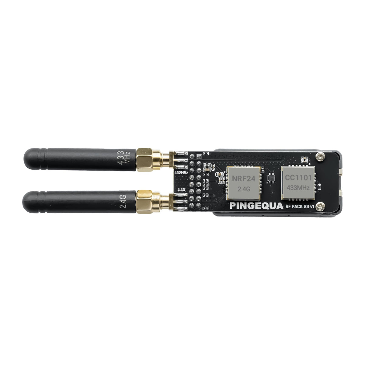 RF Pack S3 PCB front with 433 MHz and 2.4 GHz antennas attached