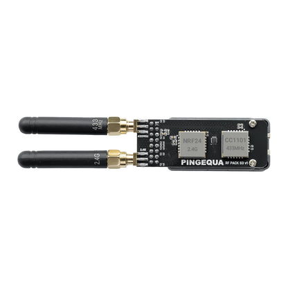 RF Pack S3 PCB front with 433 MHz and 2.4 GHz antennas attached