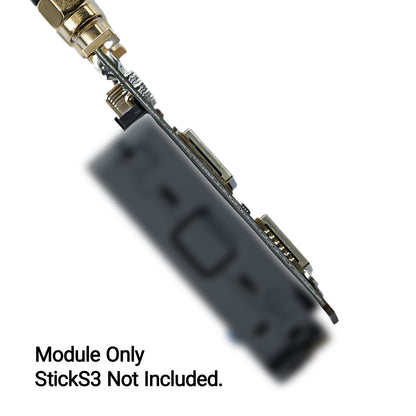 Side view of RF Pack S3 pogo pins meeting a StickS3; StickS3 not included