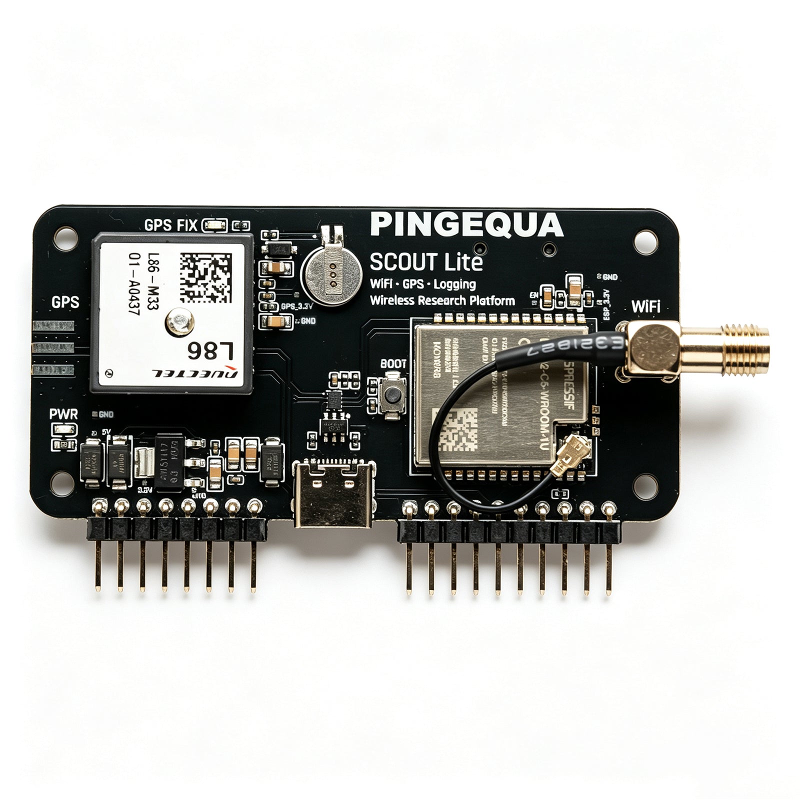Scout Lite PCB top: L86 GPS, ESP32-C5, USB-C, SMA pigtail and GPIO header pins
