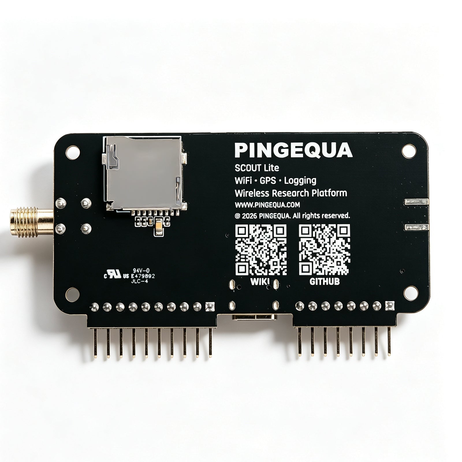 Scout Lite PCB back: microSD slot, SMA jack, GPIO pins and Wi-Fi/GitHub QR codes